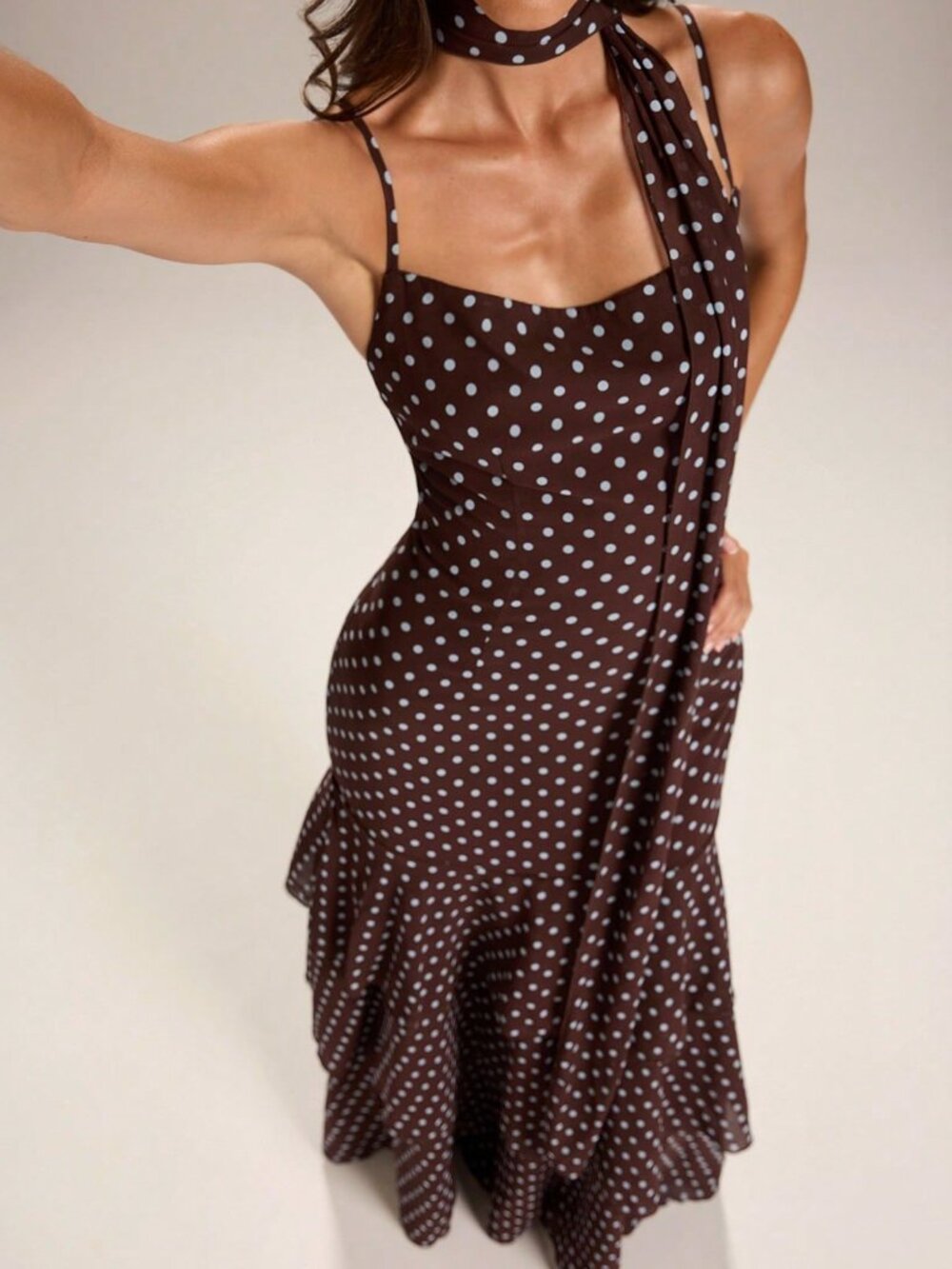Brown Chic Women's Polka Dot Maxi Dress with Spaghetti Straps, Fishtail Gown - Picture 7 of 7